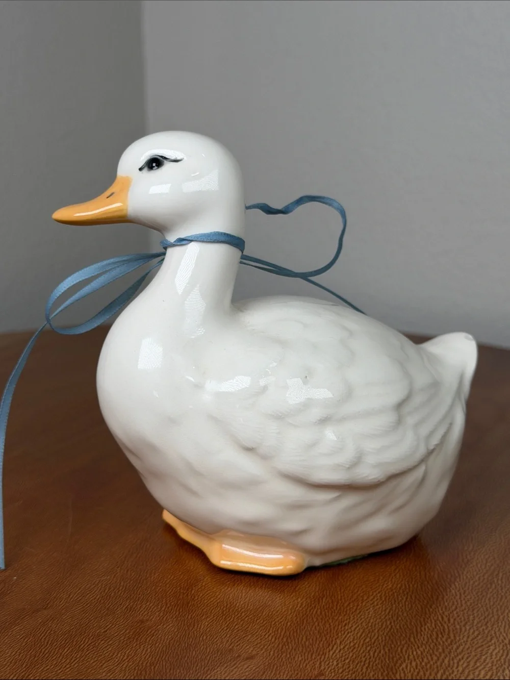 Vintage Hand Crafted Hand Made Ceramic Duck White Yellow Blue Bow Farmhouse